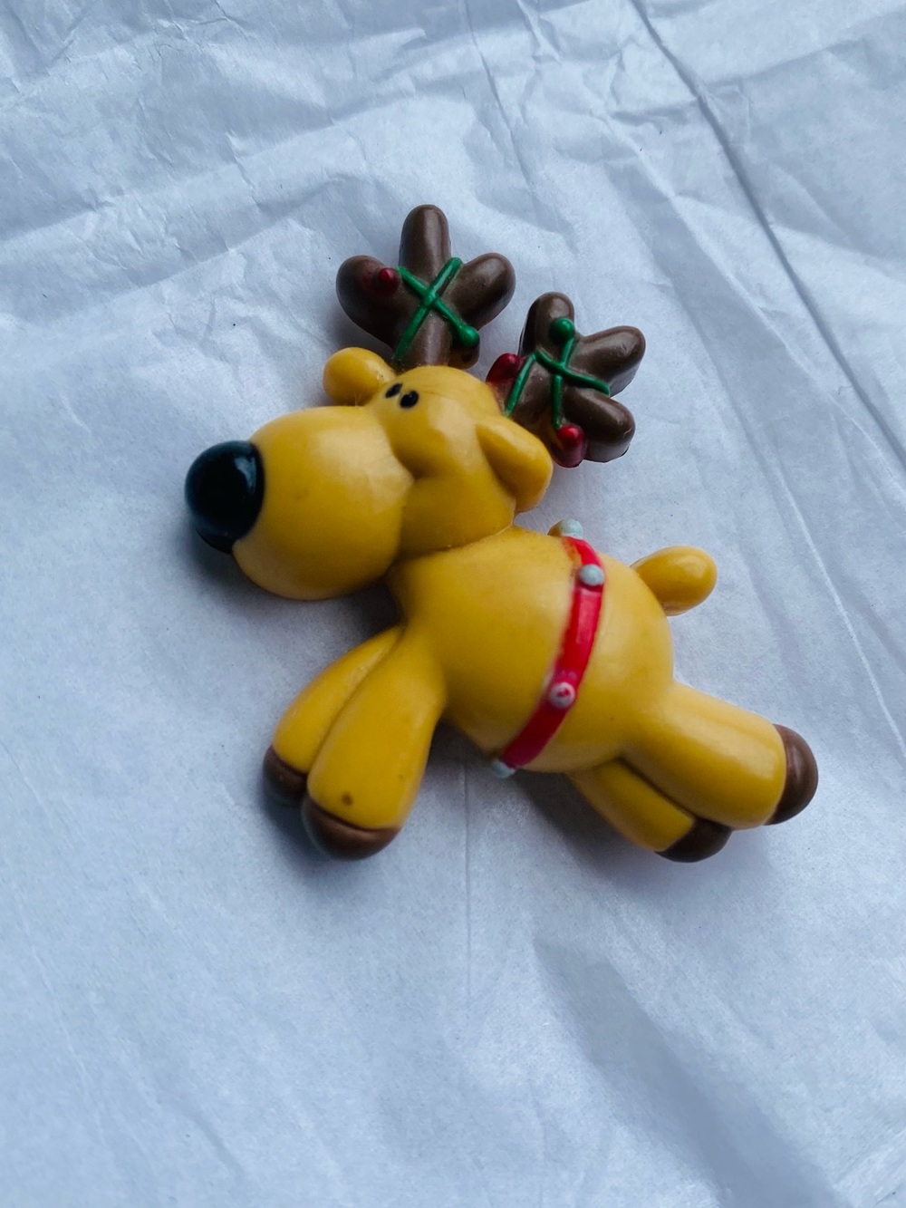 Vintage Russ Yellow Reindeer Brooch with Red and Brown Accents